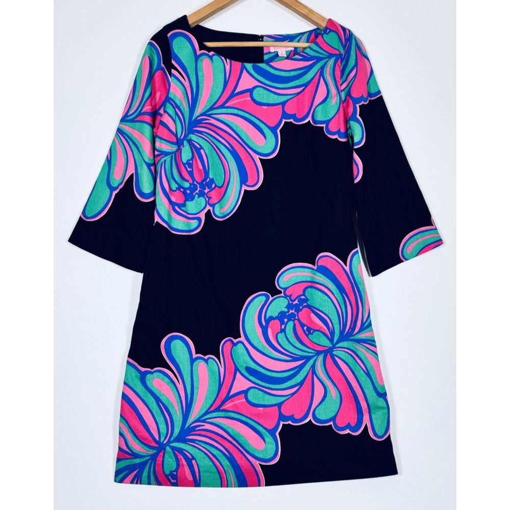 Lilly Pulitzer Dress 8 Black Pink Green Floral Shift Cotton Preppy Mod Resort